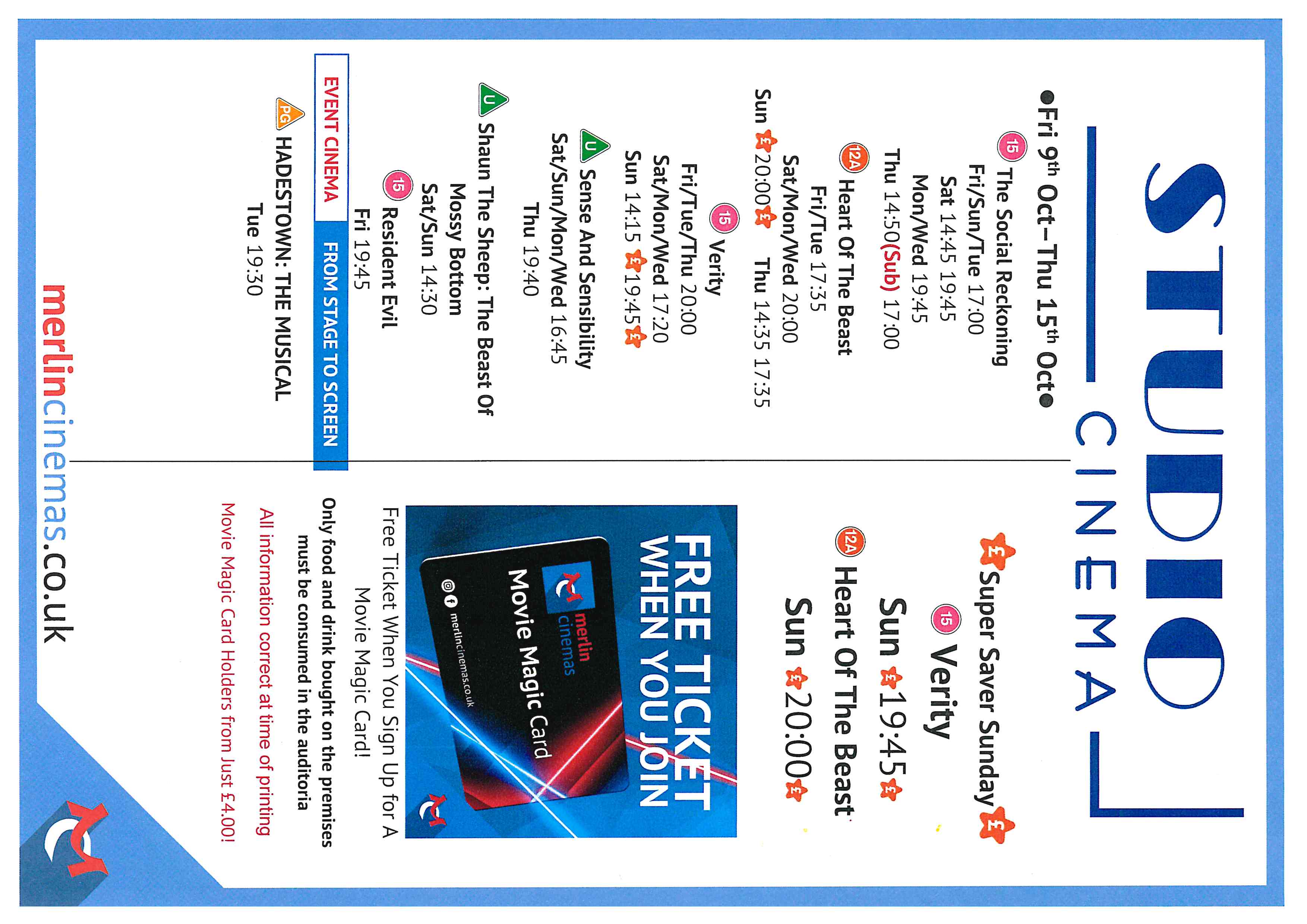 Studio Cinema Listings Friday 9th October - Thursday 15th October